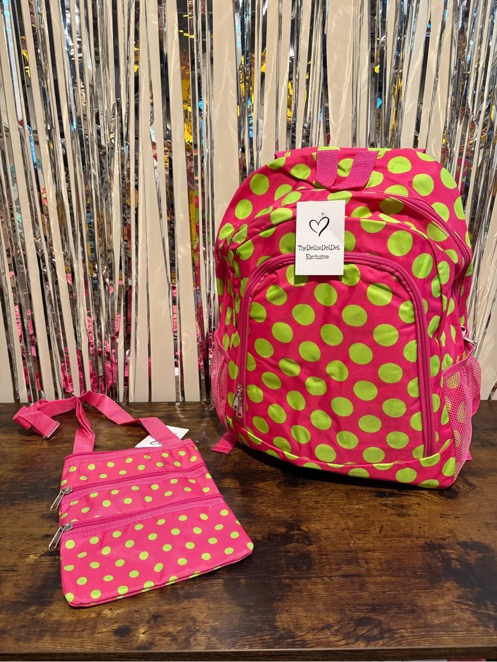 Hot Pink & Lime Polka Dot Full-Size Backpack and Crossbody Set